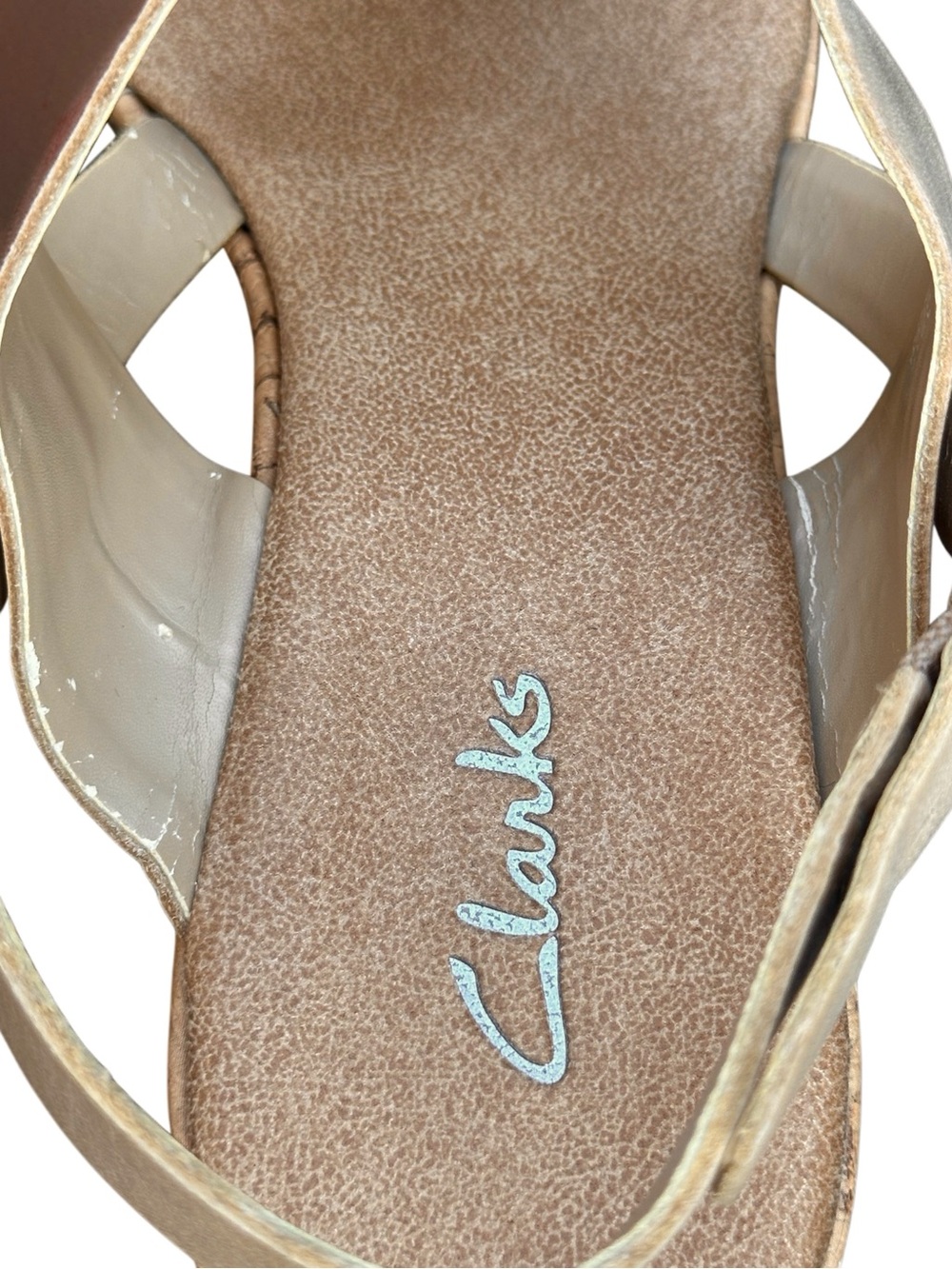 Clarks Leather Cork Wedge Sandals Beige Taupe Slingback Size 9M Minimalist - Picture 8 of 10